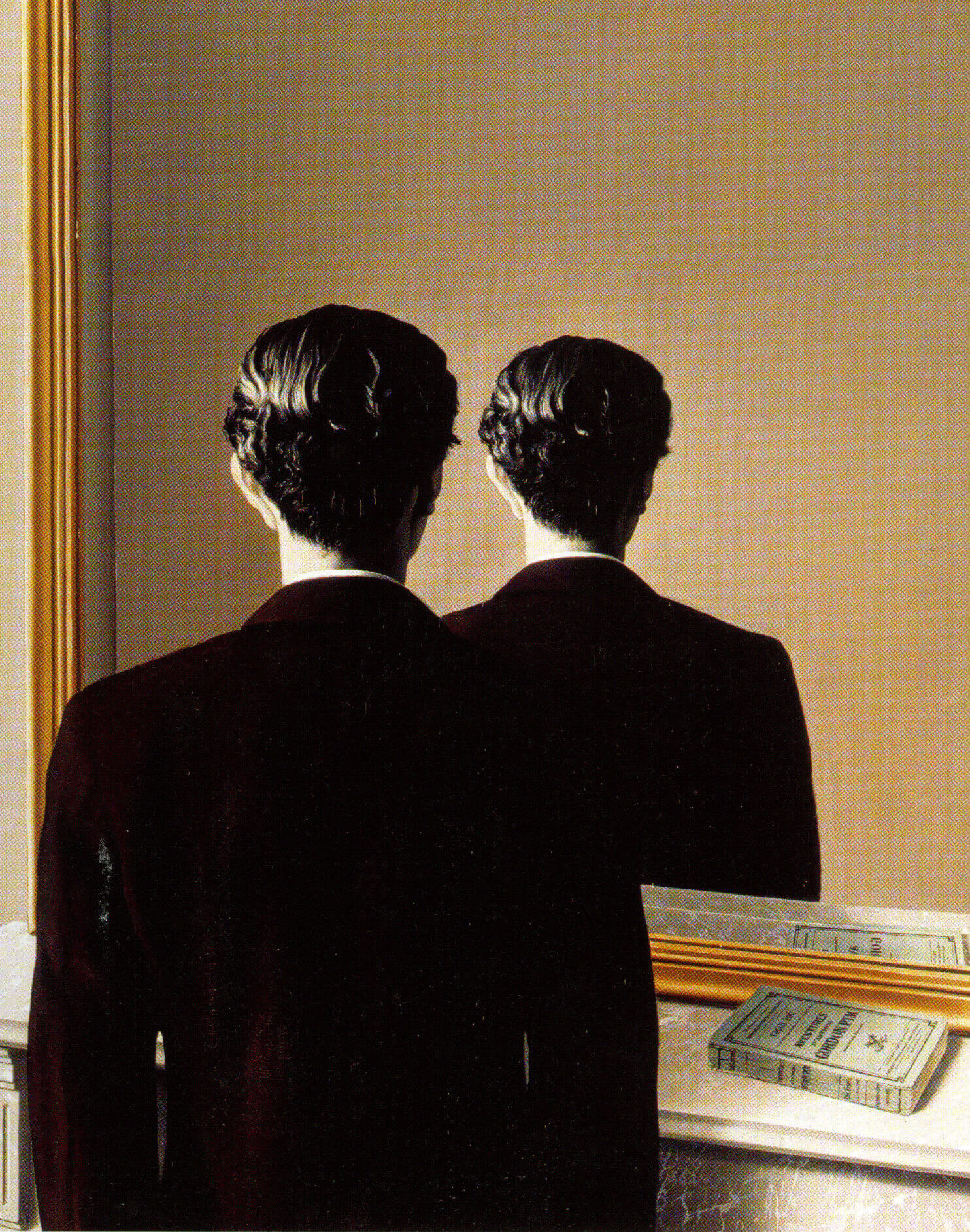 Not to be Reproduced, depicting a man looking into a mirror, the reflection is backwards