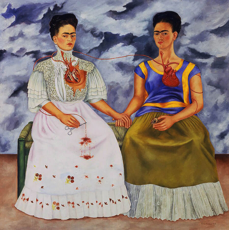 Beautiful World The Two Fridas, depicting two Khalos holding hands with their hearts visible